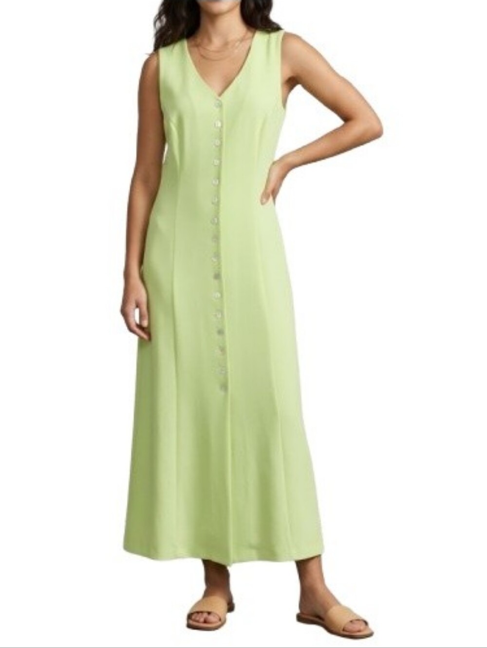 VTG Sheri Martin Lime Green Maxi Dress V-Neck Ladder Back Sleeveless Long